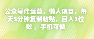 公众号代运营，懒人项目，每天5分钟复制粘贴，日入3位数 ，手机可做-老叔网创